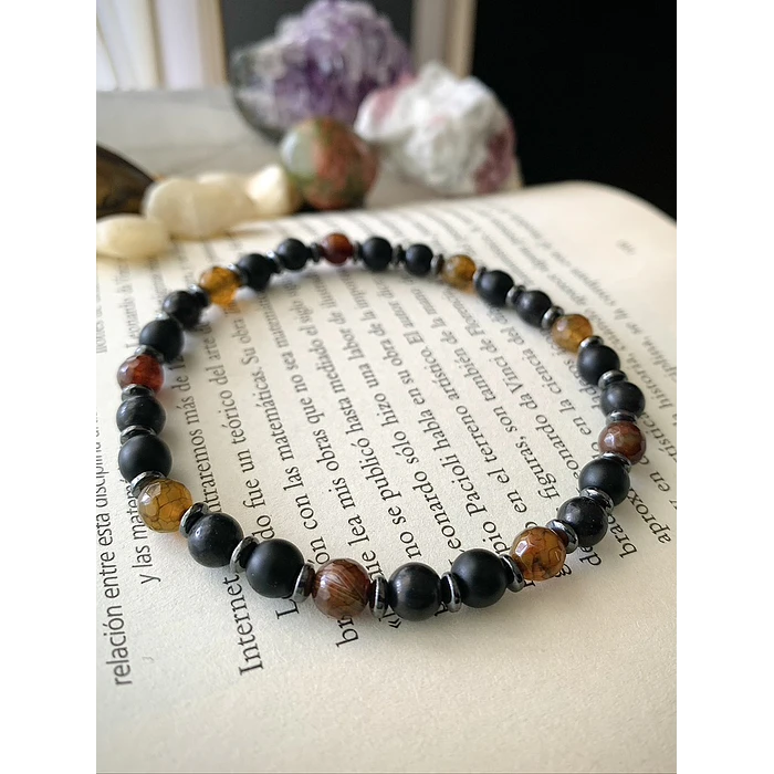 Pulsera masculina con Ágata Vena de Dragón, Ónix negro mate, Shungita y Hematita. 3