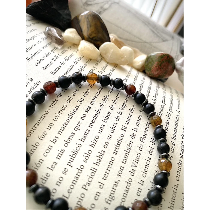 Pulsera masculina con Ágata Vena de Dragón, Ónix negro mate, Shungita y Hematita. 4