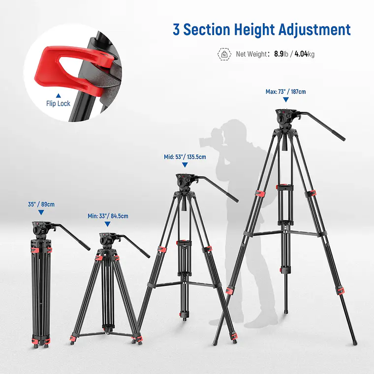 Trípode de Video Neewer TP37 187 cm Cabezal Fluido 4
