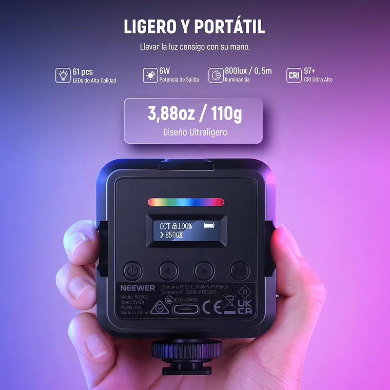 Luz de Video RGB Neewer RGB62 con Control por App 7
