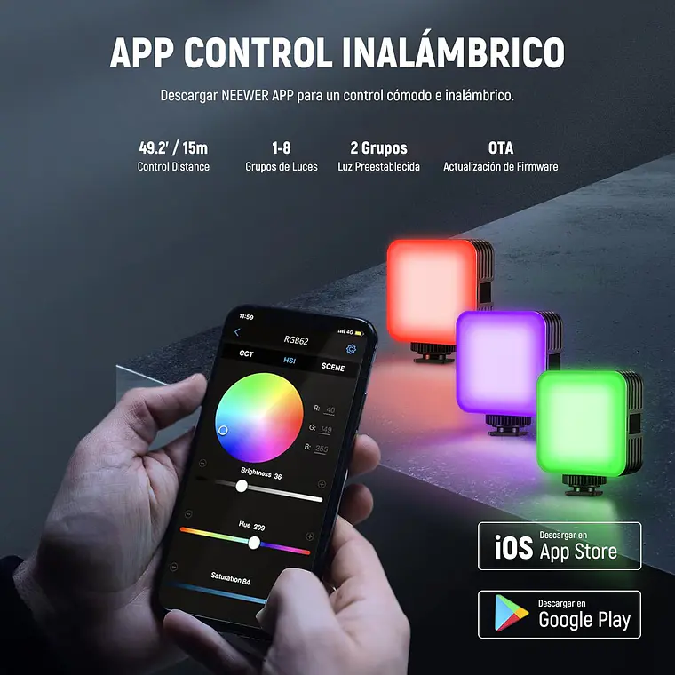 Luz de Video RGB Neewer RGB62 con Control por App 2