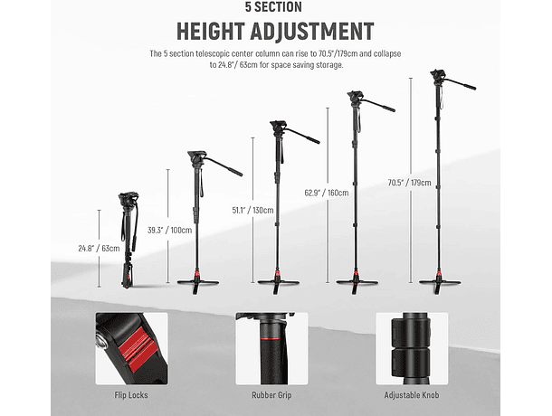 Monopié Neewer GM76 Profesional 179 cm con Cabezal Fluido