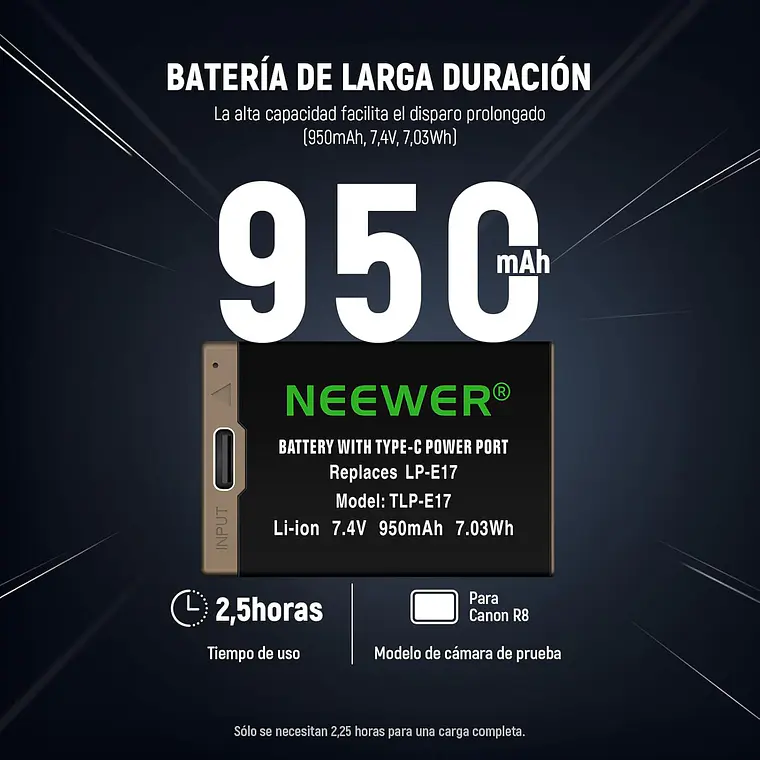 Batería USB-C Recargable Neewer LP-E17 7.4V 950mAh 7