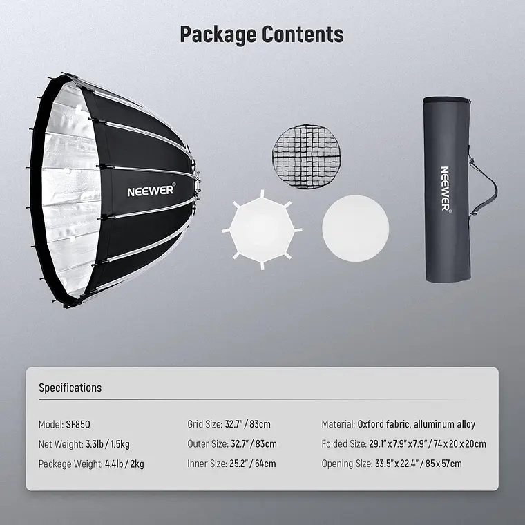 Softbox Parabólico Neewer de 85 cm con Grid y Montura Bowens​ 3