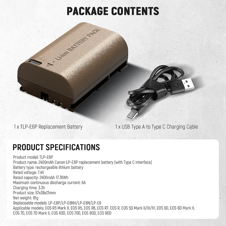 Batería Neewer LP-E6P 2400mAh con Puerto Tipo C 4