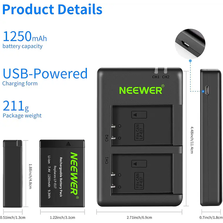 Set 2 Baterías LP-E17 y Cargador USB Neewer para Canon 8