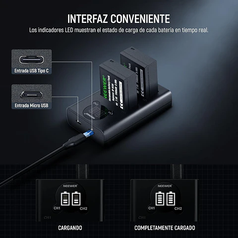 Kit 2 Baterías Neewer NP-W126 1140mAh con Cargador USB-C
