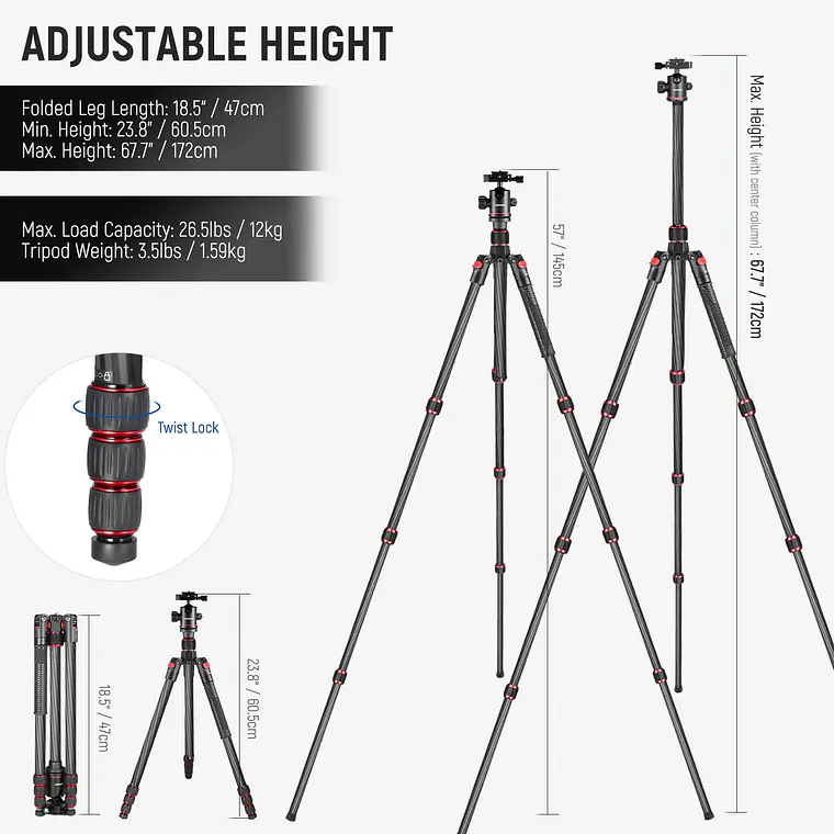 Trípode y monopié Neewer N55C de fibra de carbono de 172 cm 4