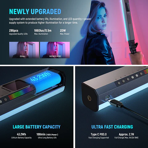 Tubo de luz LED Neewer RGB2 de 40 cm con puerta metálica