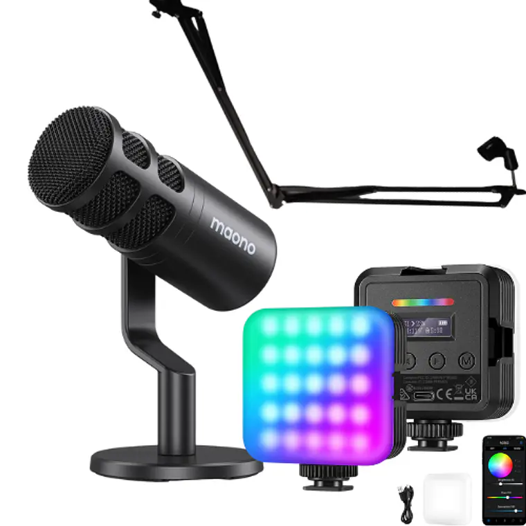 Kit Creator at Home Micrófono Maono PD100 + Luz de Video Neewer RGB62 + Brazo Hebikuo 37A 1