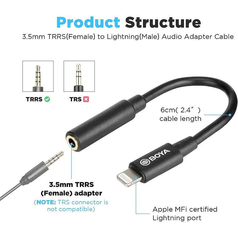 Adaptador de Micrófono Boya BY-K3 TRRS a Lightning Certificado MFi 6