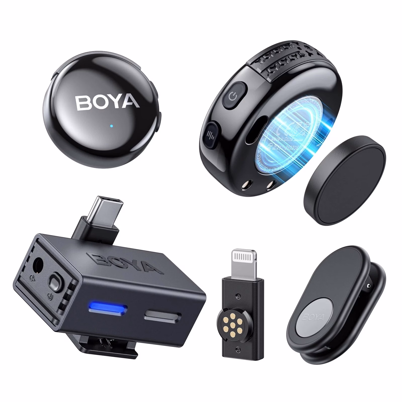 Micrófono Lavalier Inalámbrico Doble Boya con IA y Conectores USB-C y Lightning 1