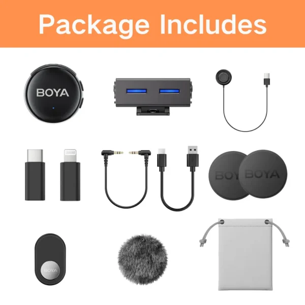 Micrófono Lavalier Inalámbrico Boya BOYALINK 3-04 con IA y Conectores USB-C y Lightning 9