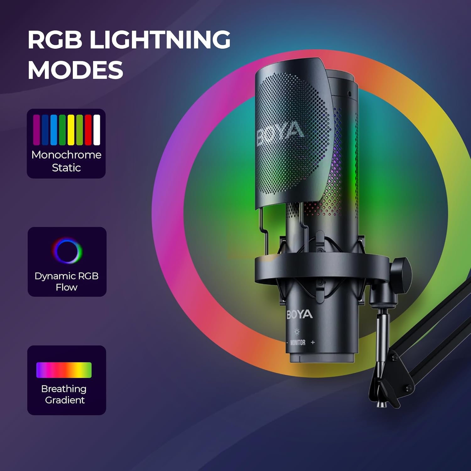 Micrófono USB Condensador Boya K9-MIC con Iluminación RGB 5