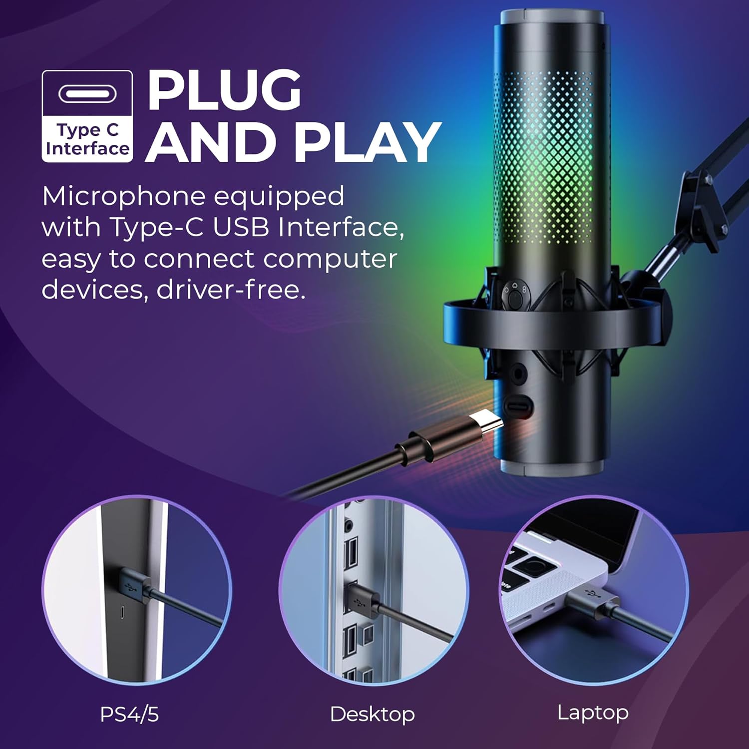 Micrófono USB Condensador Boya K9-MIC con Iluminación RGB 7