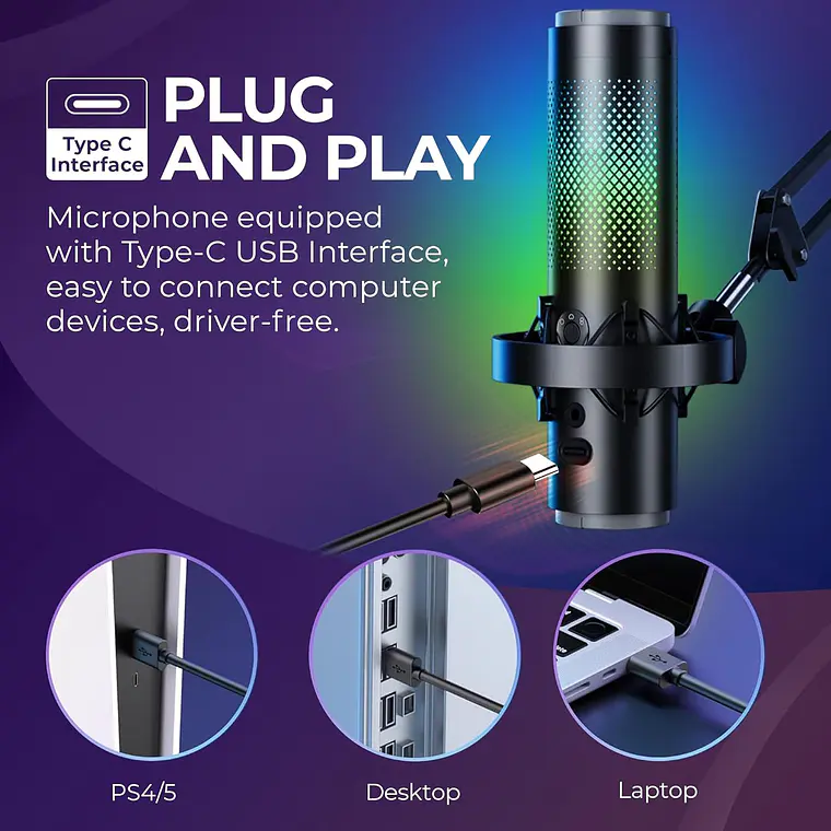 Micrófono USB Condensador Boya K9-MIC con Iluminación RGB 7