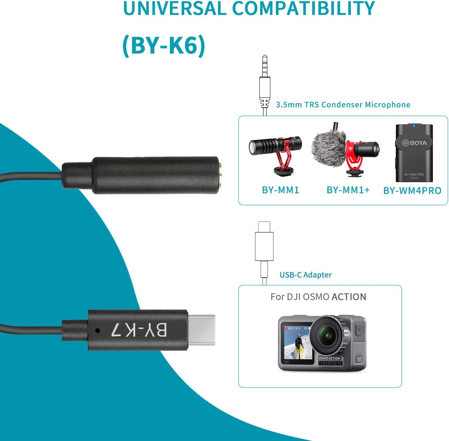Cable Adaptador Boya BY-K7 TRS Hembra de 3,5 mm a USB-C Macho para DJI Osmo Action 6
