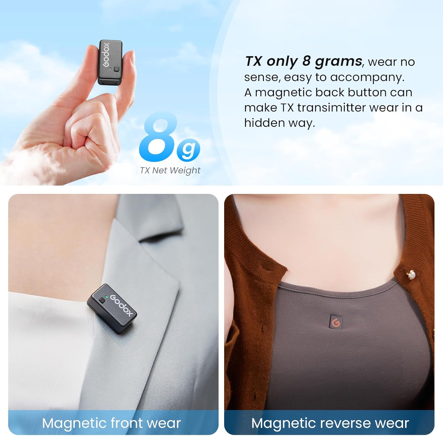 Micrófono Lavalier Inalámbrico Doble Godox Magic XT1-C de 2,4 GHz con Conector USB-C 3