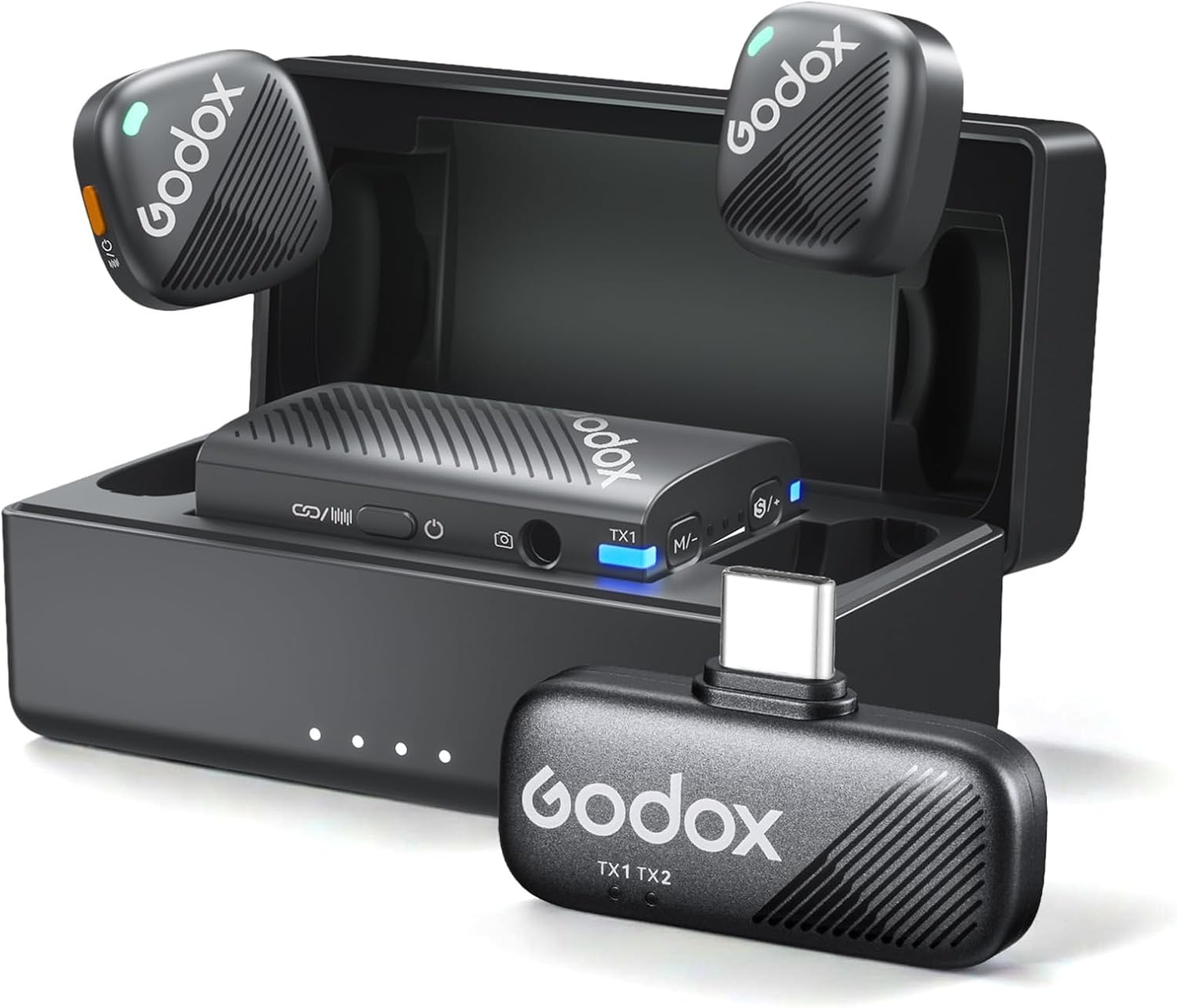 Micrófono Lavalier Inalámbrico Doble Godox Cube-C Combo Kit 2 para Cámaras, USB-C y Lightning 1