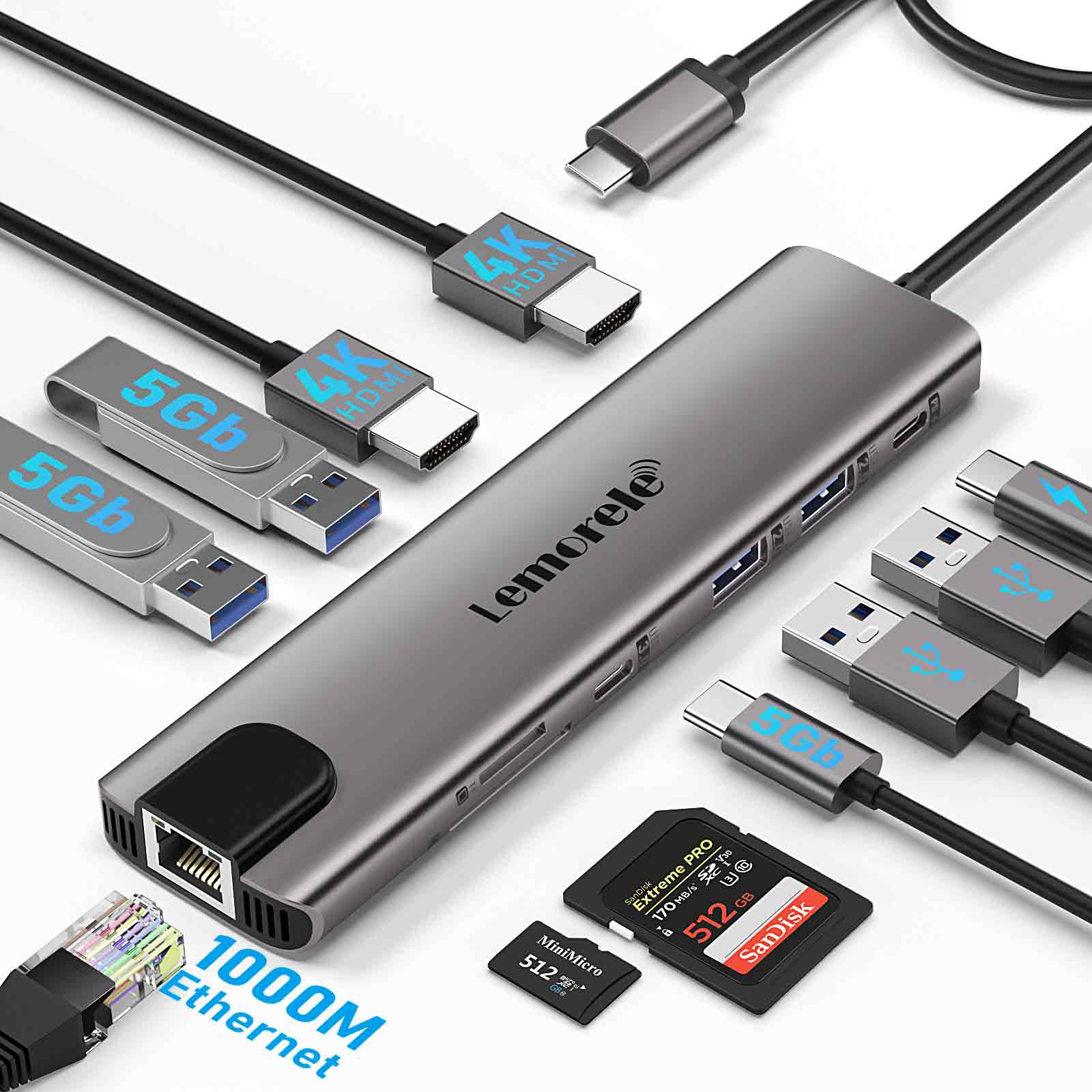 Hub USB-C Lemorele TC65L 11 en 1 con Doble Salida HDMI 1