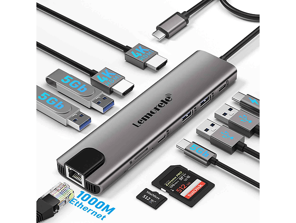 Hub USB-C Lemorele TC65L 11 en 1 con Doble Salida HDMI