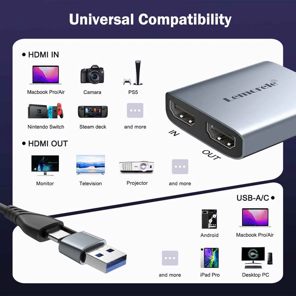 Capturadora de Video Lemorele AC07 Full HD 1080p con Conexión USB y USB-C 6