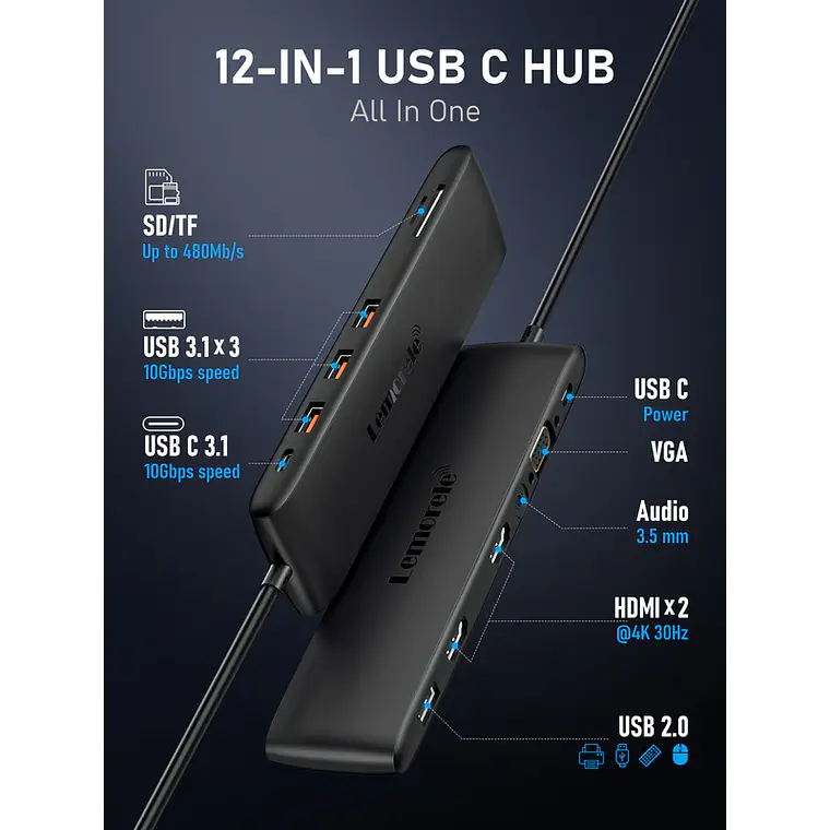 Estación Docking USB-C Lemorele TC97 12 en 1 7