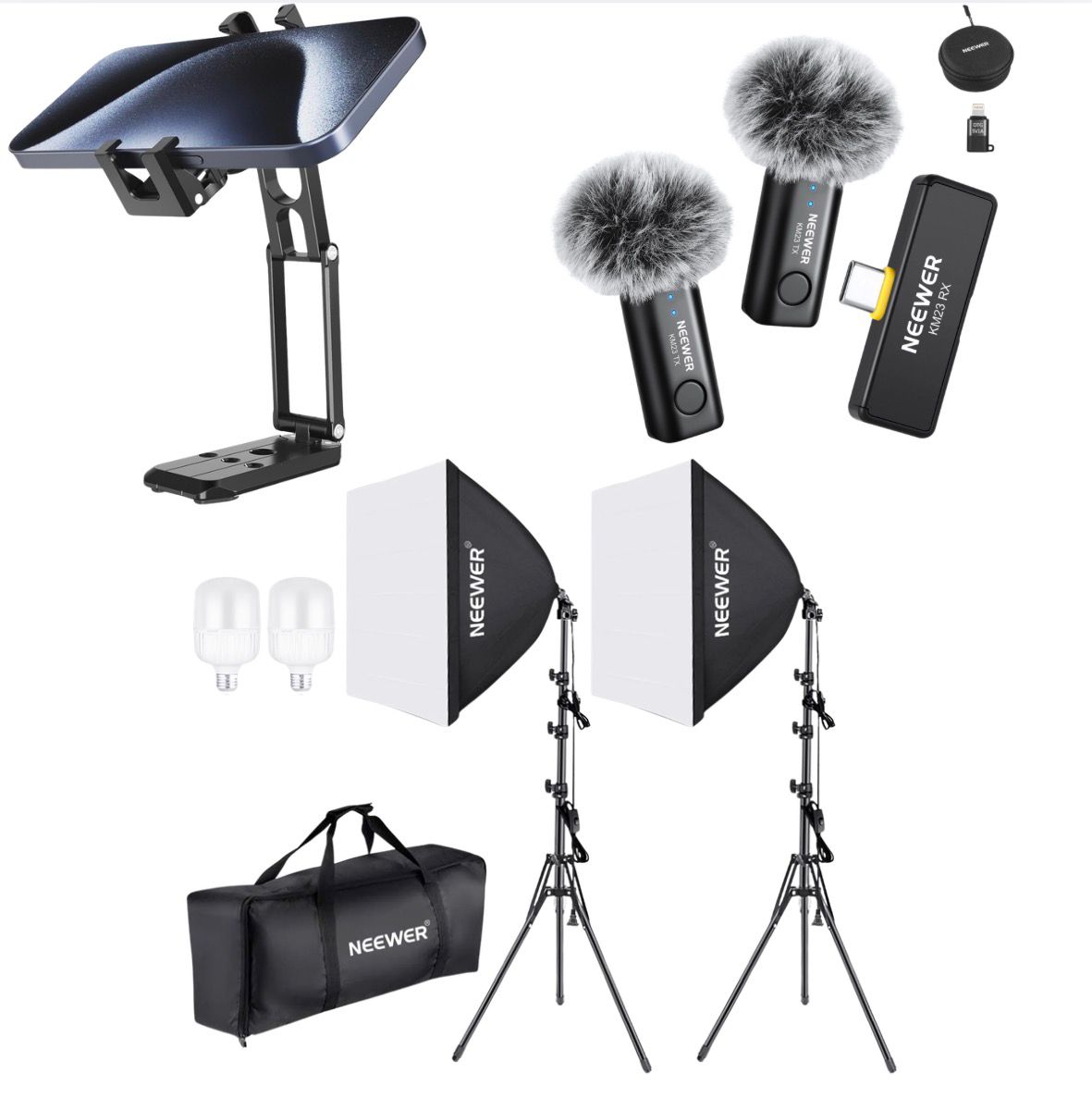  Kit Creator Mobile PRO Micrófono Neewer KM23 + Kit Iluminación Neewer NW48 II + Tripode y soporte Neewer para celular 1