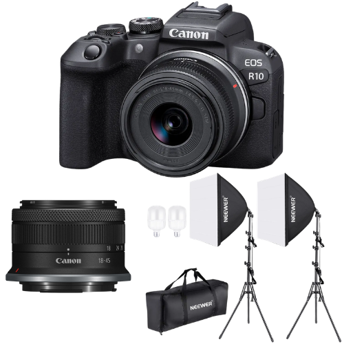 Kit Foto Estudio Cámara Canon Mirrorless EOS R10 + 18-45 F/4.5-6.3 IS STM + Kit Iluminación LED Neewer NW48 II 2.4G con Softbox 1