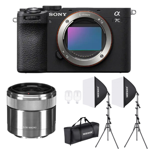 Kit Photoshoot Cámara Sony A7C II - Body negra + Lente Sony E 30mm f/3.5 Macro +  Kit Iluminación LED Neewer NW48 II 2.4G con Softbox 1