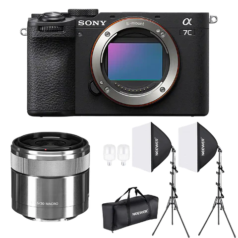 Kit Photoshoot Cámara Sony A7C II - Body negra + Lente Sony E 30mm f/3.5 Macro +  Kit Iluminación LED Neewer NW48 II 2.4G con Softbox