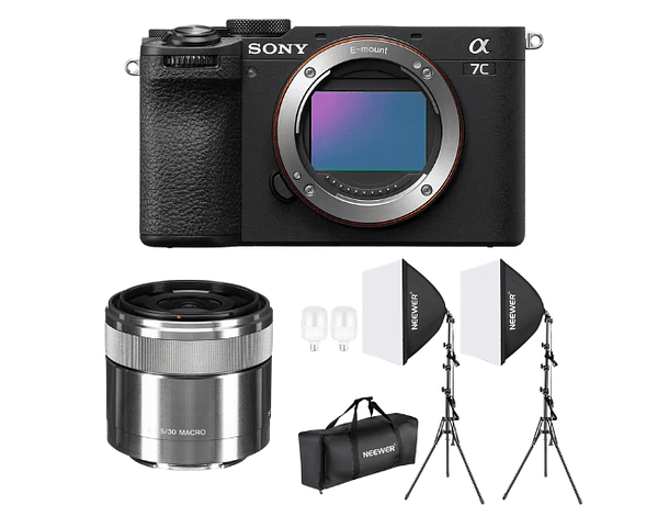 Kit Photoshoot Cámara Sony A7C II - Body negra + Lente Sony E 30mm f/3.5 Macro +  Kit Iluminación LED Neewer NW48 II 2.4G con Softbox