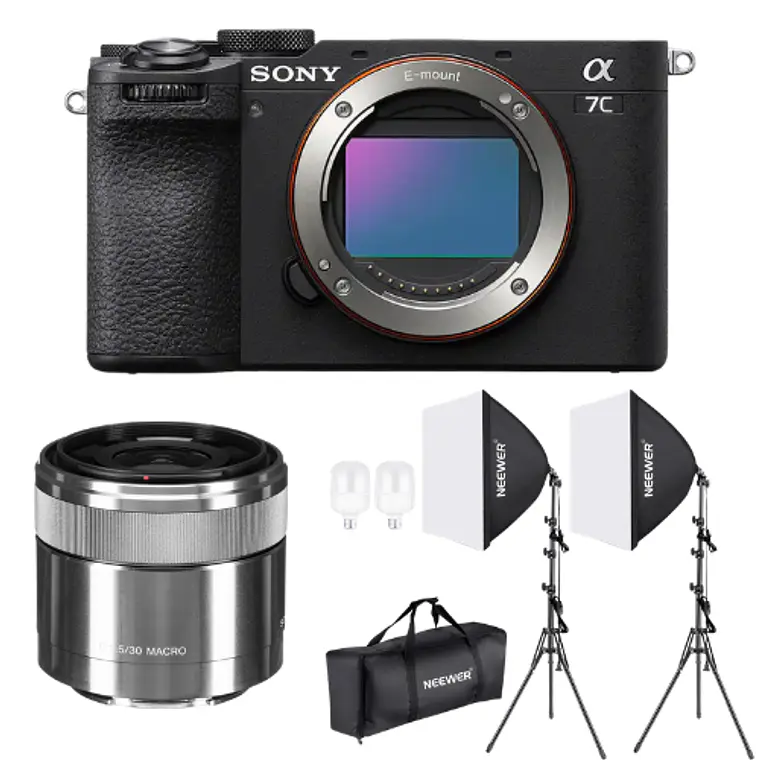 Kit Photoshoot Cámara Sony A7C II - Body negra + Lente Sony E 30mm f/3.5 Macro +  Kit Iluminación LED Neewer NW48 II 2.4G con Softbox 1