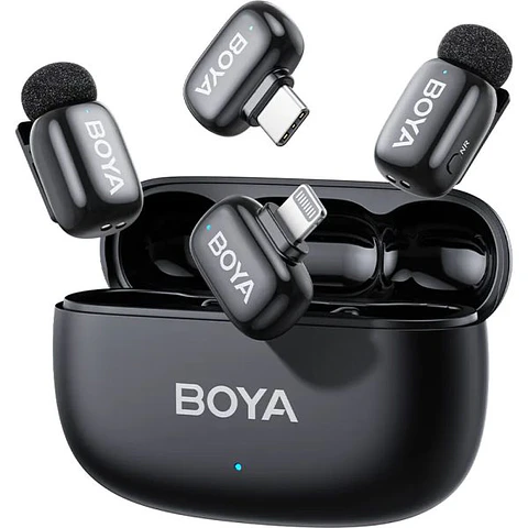 Sistema de Micrófono Inalámbrico Doble Boya BOYAMINI 2-01 para 2 Personas con Conectores Lightning y USB-C 