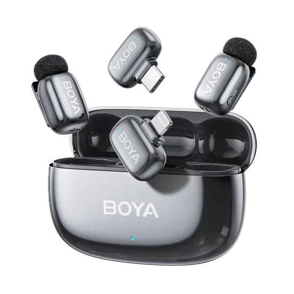 Sistema de Micrófono Inalámbrico Doble Boya BOYAMINI 2-01 para 2 Personas con Conectores Lightning y USB-C (Lunar Silver) 1