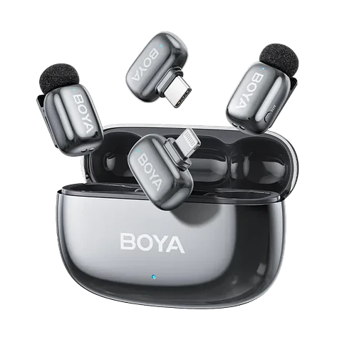 Sistema de Micrófono Inalámbrico Doble Boya BOYAMINI 2-01 para 2 Personas con Conectores Lightning y USB-C (Lunar Silver)