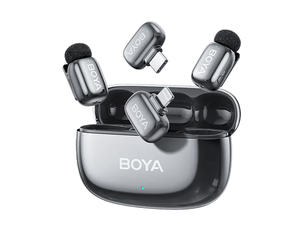 Sistema de Micrófono Inalámbrico Doble Boya BOYAMINI 2-01 para 2 Personas con Conectores Lightning y USB-C (Lunar Silver)