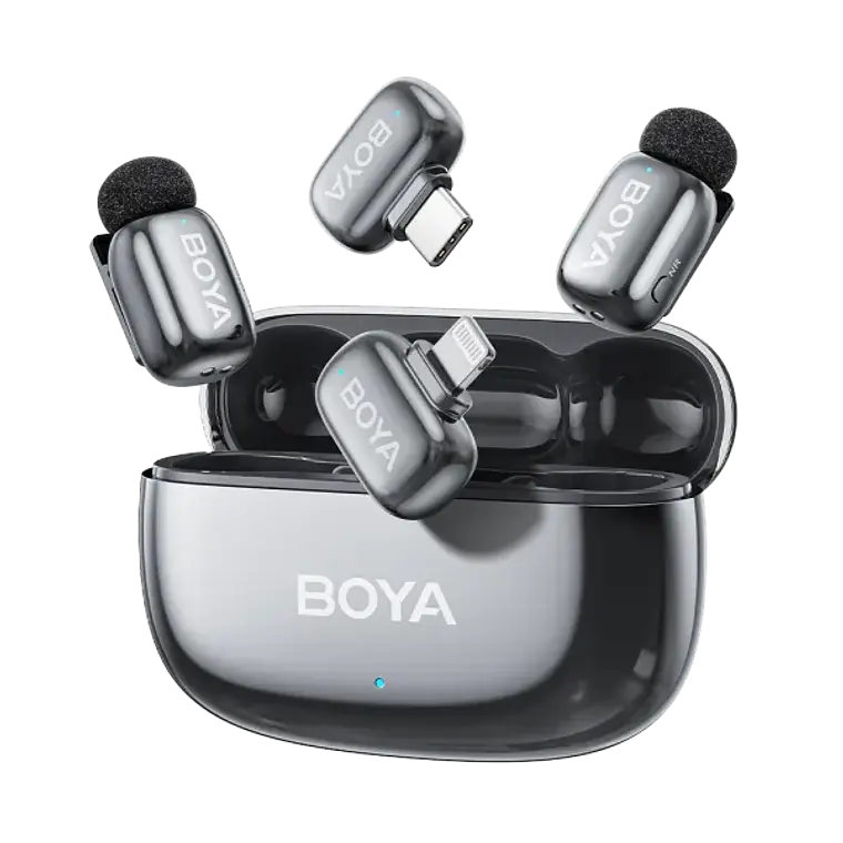 Sistema de Micrófono Inalámbrico Doble Boya BOYAMINI 2-01 para 2 Personas con Conectores Lightning y USB-C (Lunar Silver) 1