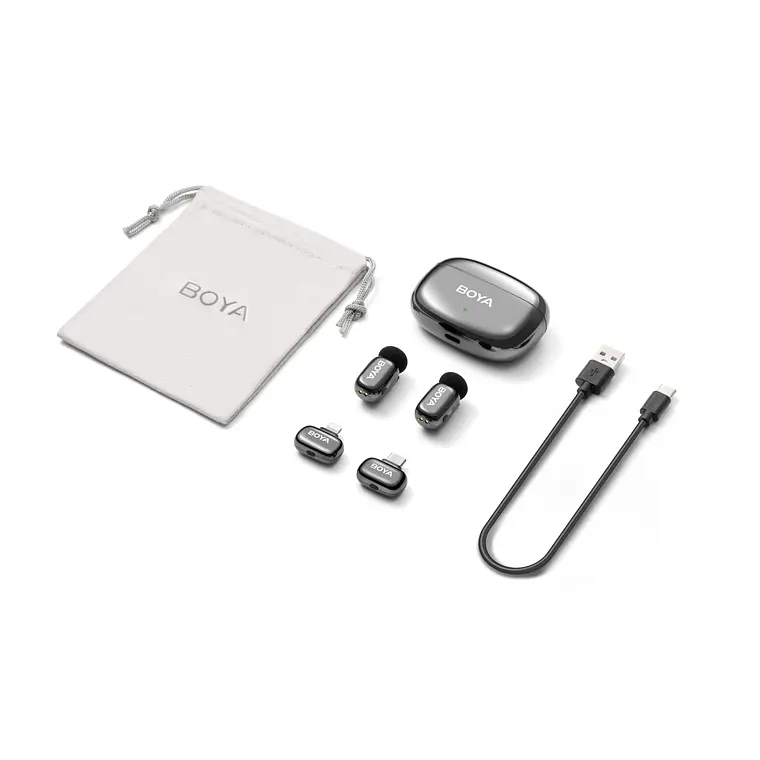 Sistema de Micrófono Inalámbrico Doble Boya BOYAMINI 2-01 para 2 Personas con Conectores Lightning y USB-C (Lunar Silver) 5