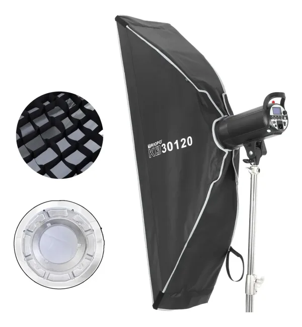 Softbox de Armado Instantáneo 30×120 cm con Montura Bowens y Speedlight Triopo K3-30120 + TR-07C 4