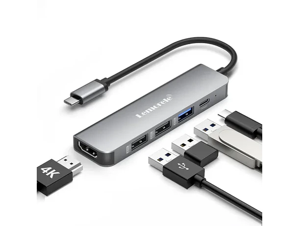 Hub USB-C 5 en 1 con HDMI 4K y Carga Rápida para Profesionales en Movimiento Lemorele TC101