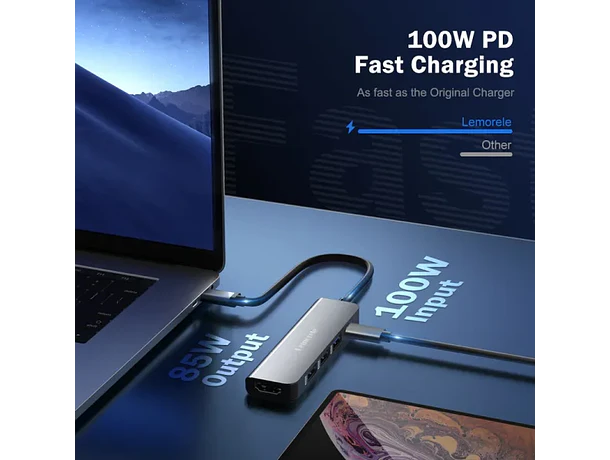 Hub USB-C 5 en 1 con HDMI 4K y Carga Rápida para Profesionales en Movimiento Lemorele TC101