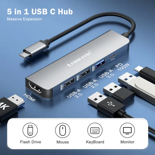 Hub USB-C 5 en 1 con HDMI 4K y Carga Rápida para Profesionales en Movimiento Lemorele TC101 3
