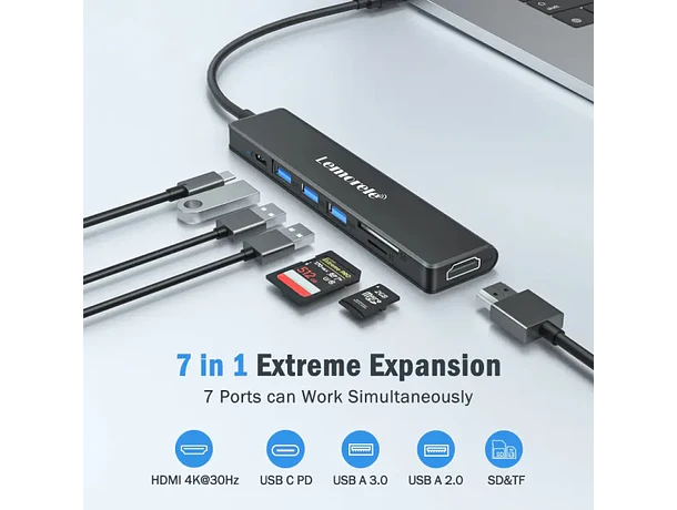 Hub USB-C 7 en 1 con HDMI, Lector SD y Micro SD Lemorele TC70L