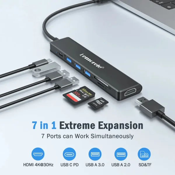 Hub USB-C 7 en 1 con HDMI, Lector SD y Micro SD Lemorele TC70L 2