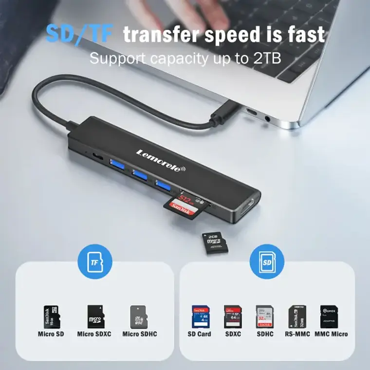 Hub USB-C 7 en 1 con HDMI, Lector SD y Micro SD Lemorele TC70L 6