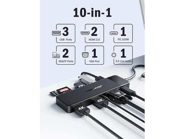 Docking Station USB-C 10 en 1 con Triple Salida de Video y Audio 3,5 mm Lemorele TC94