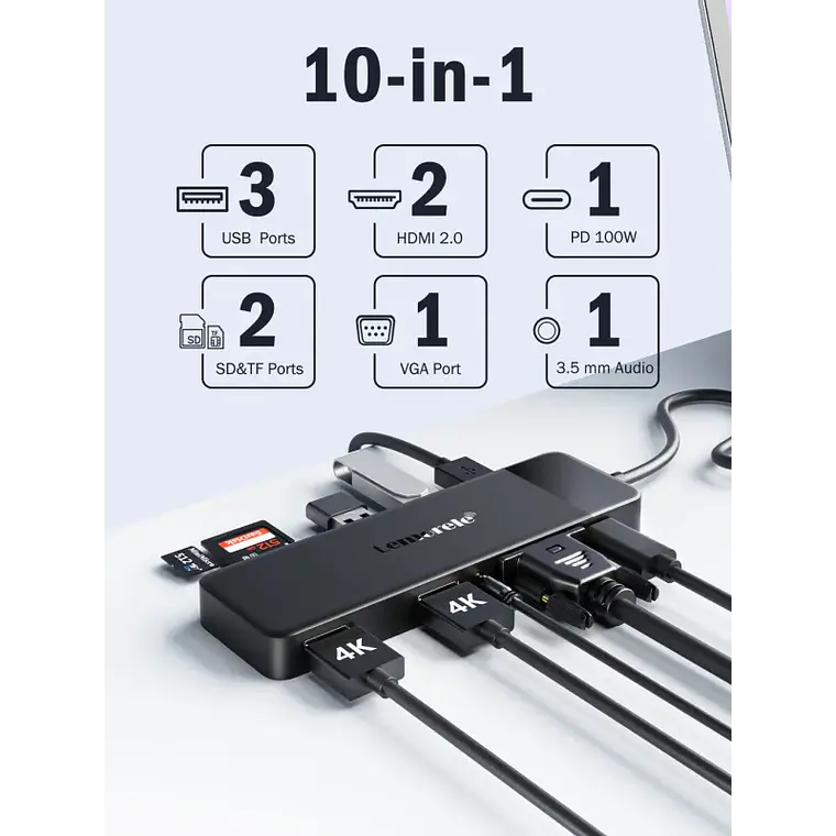 Docking Station USB-C 10 en 1 con Triple Salida de Video y Audio 3,5 mm Lemorele TC94 2