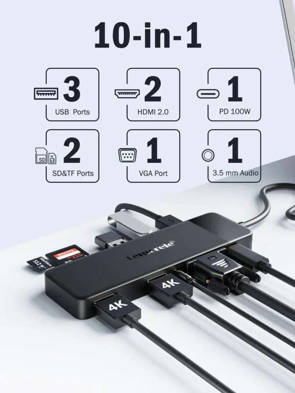Docking Station USB-C 10 en 1 con Triple Salida de Video y Audio 3,5 mm Lemorele TC94 2