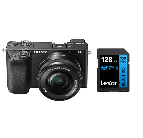Cámara Sony A6100 + Lente 16-50mm + Tarjeta de Memoria SD Lexar 128GB 800x PRO UHS-I SDXC